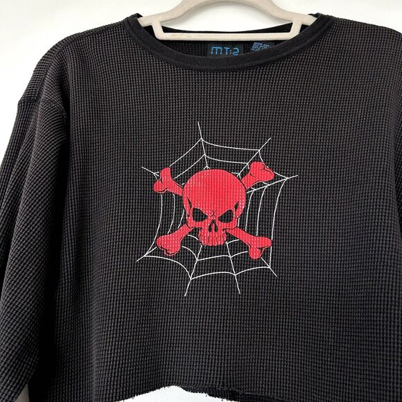 VINTAGE MT:2 Skull & Spiderweb Thermal Top Black Waffle Knit XL Reworked Cropped - Picture 11 of 11